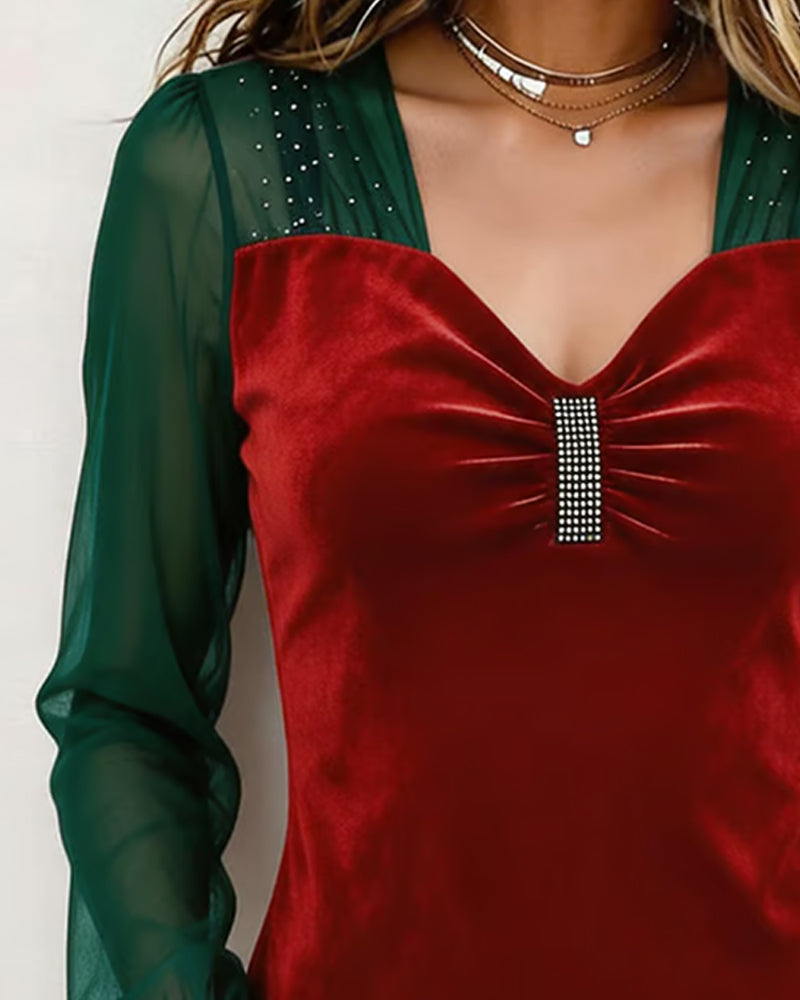 Blouse Slim-Fit à Encolure en V et Tissu Plissé Coloré
