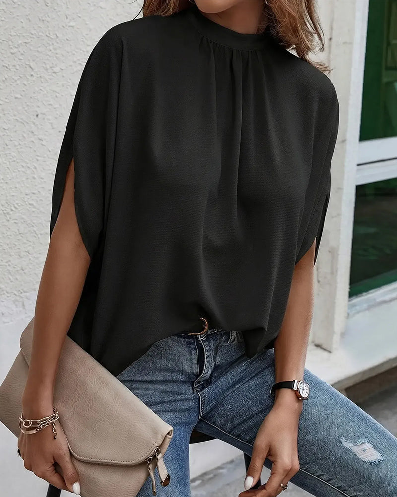 Blouse Col Mock Plissé Manche Trois Quarts Unie