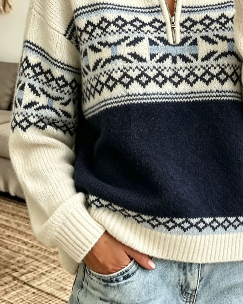 Pull à col revers avec fermeture éclair et motif losanges contrasté