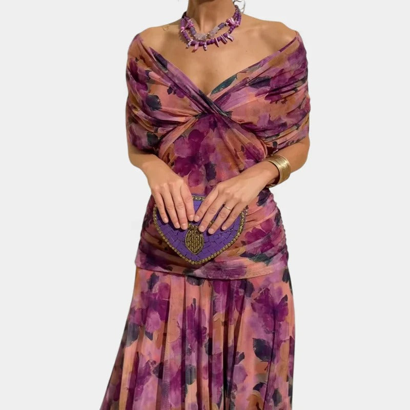 Madison | Robe Midi en Chiffon à Épaules Dégagées avec Détails Froncés