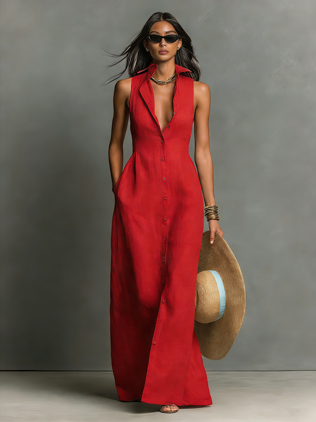Robe chemise maxi sans col, sans manches et à boutonnière pour femmes