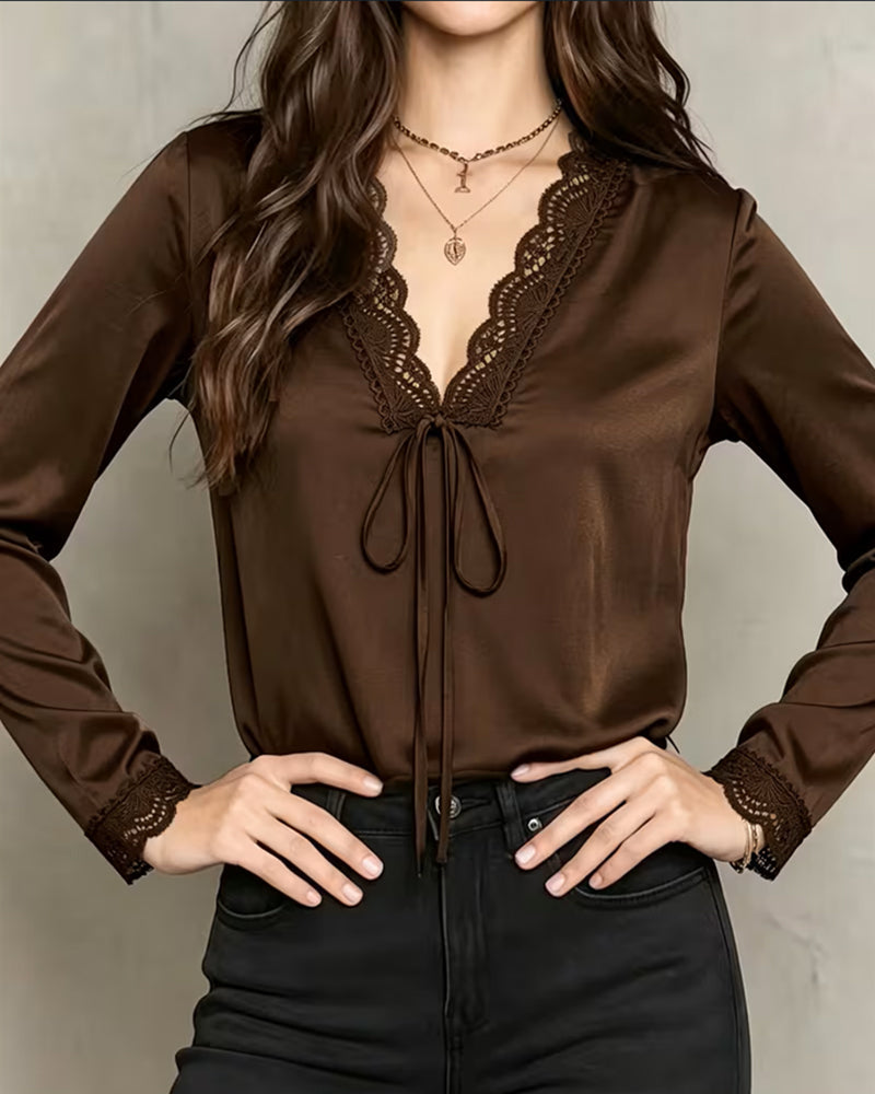 Blouse Manche Longue Col V Dentelle Patchwork