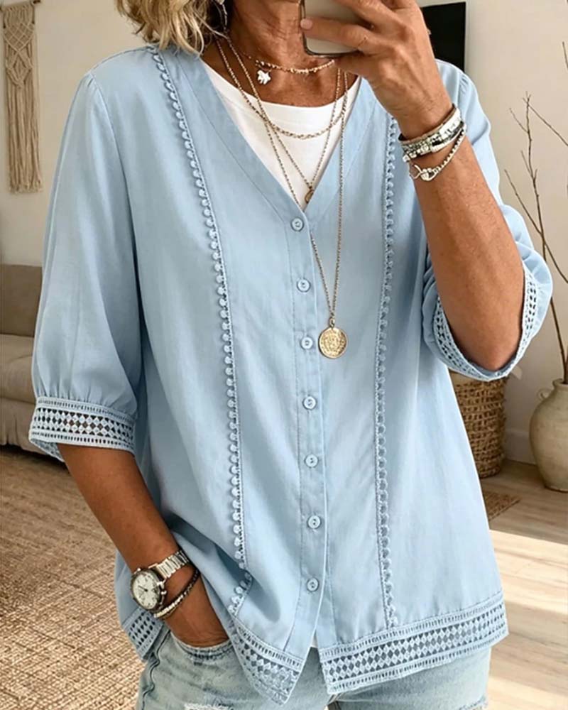 Blouse Col En V Bouton Dentelle Ajourée Unie