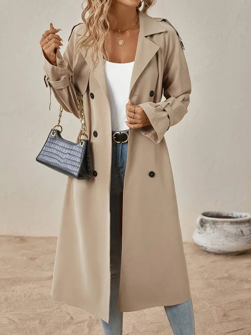 Manteau Trench Long Femme avec Doubles Rangées de Boutons et Ceinture