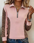 Sweat-shirt à col rabattu imprimé léopard à demi-fermeture éclair