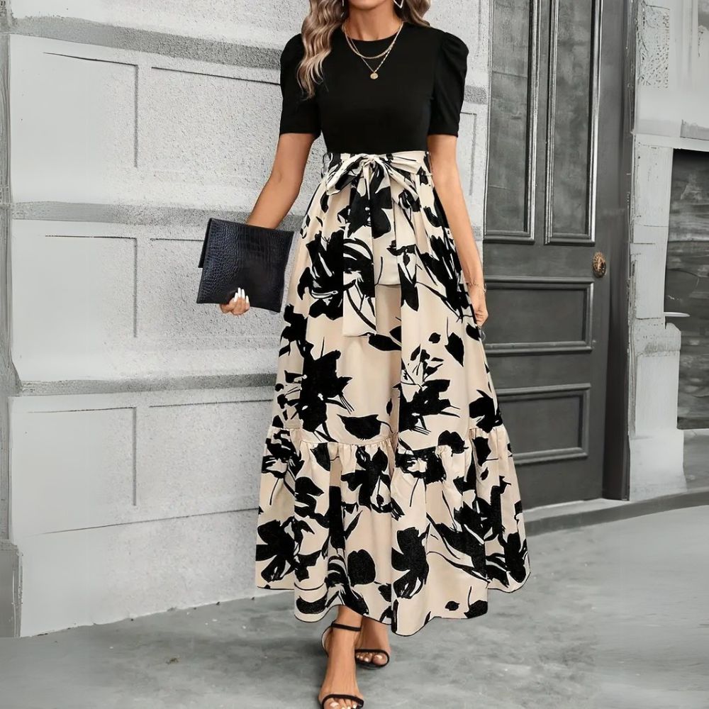 Elise | Robe Maxi à Manches Bouffantes et Imprimé Floral avec Ceinture à Nouer
