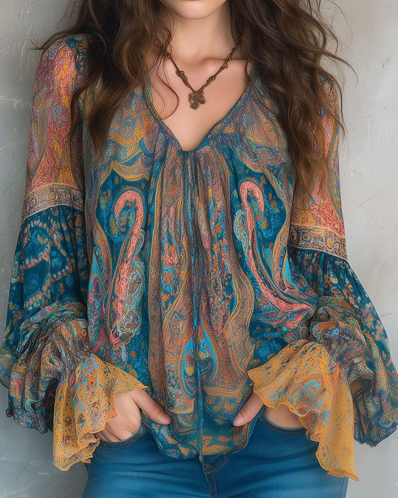 Lindena | Blouse paisley à décolleté en V et manches larges