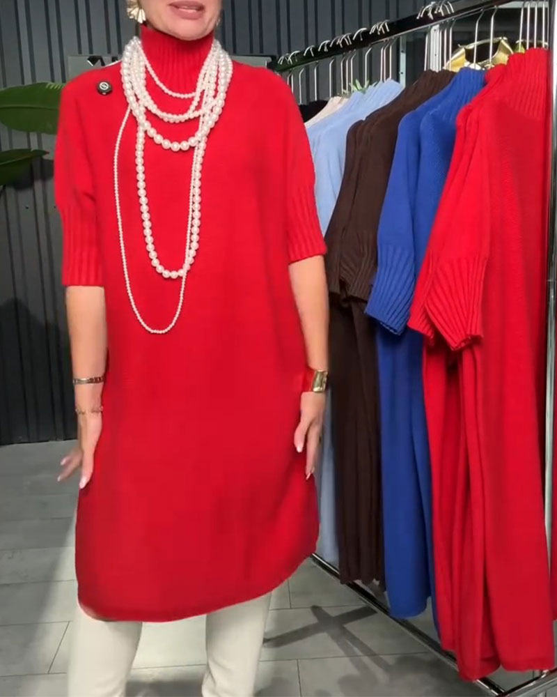 Robe Col Haut Manche Mi-Longue Droite Tricotée