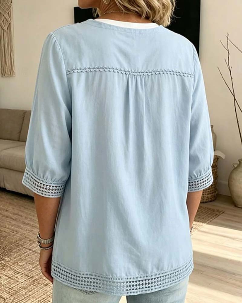 Blouse Col En V Bouton Dentelle Ajourée Unie