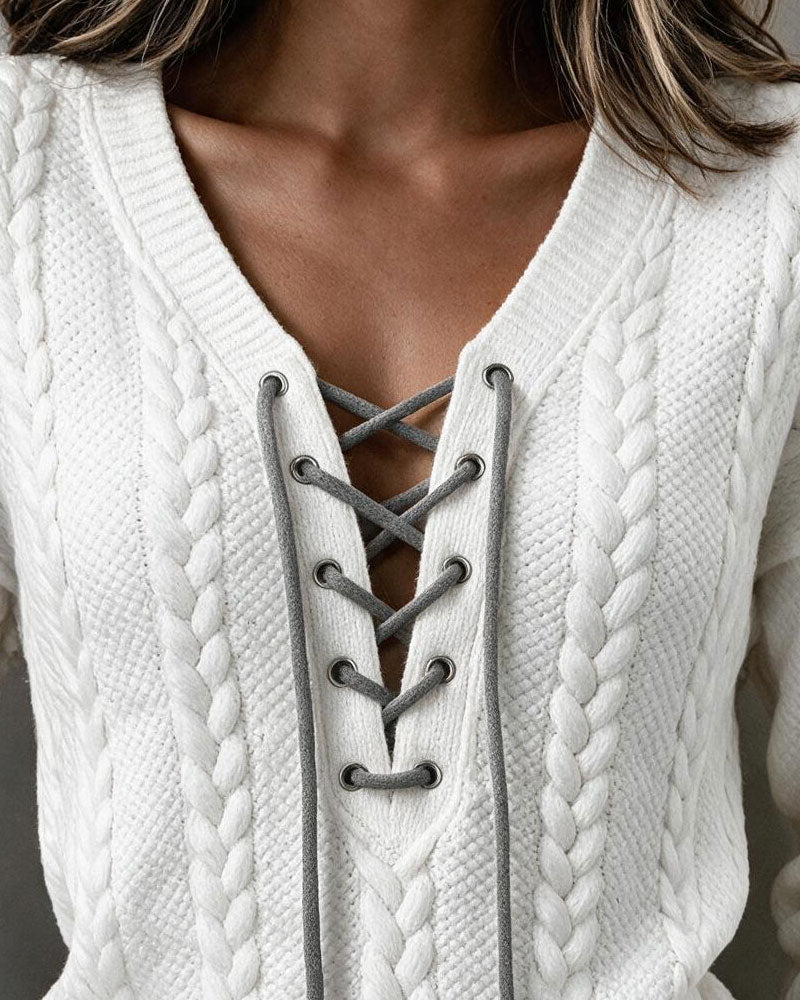 Blouse à Manches Longues en Tricot Câble avec Décolleté en V et Lacets