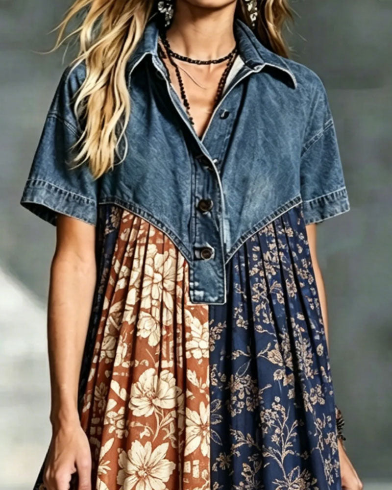 Robe Col Chemise Floral Contraste Denim Patchwork