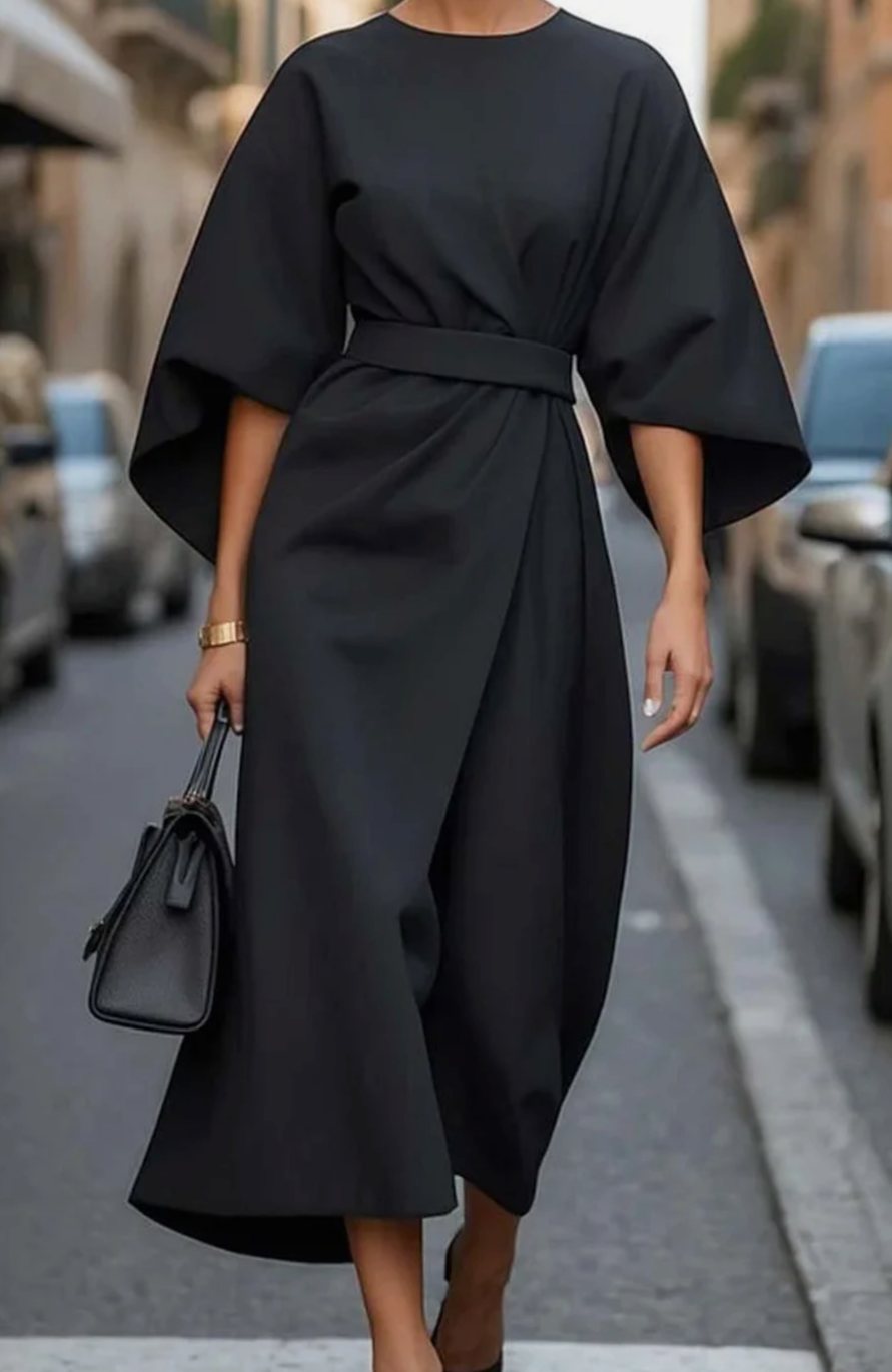 Greta | Robe midi élégante avec manches ballon et ceinture cintrée