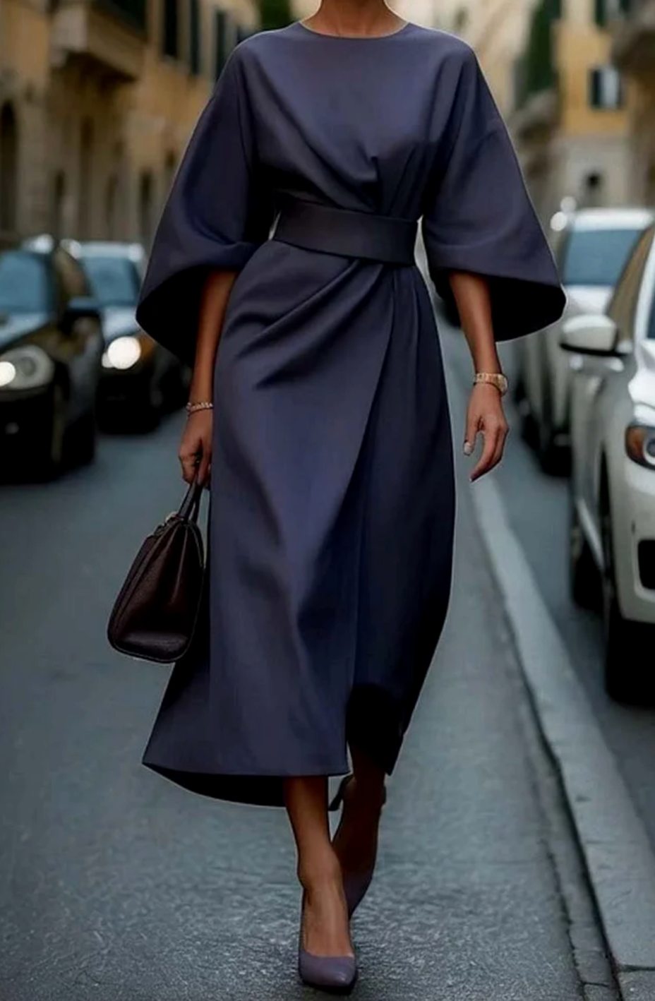 Greta | Robe midi élégante avec manches ballon et ceinture cintrée