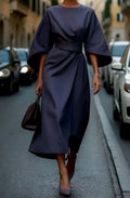 Greta | Robe midi élégante avec manches ballon et ceinture cintrée