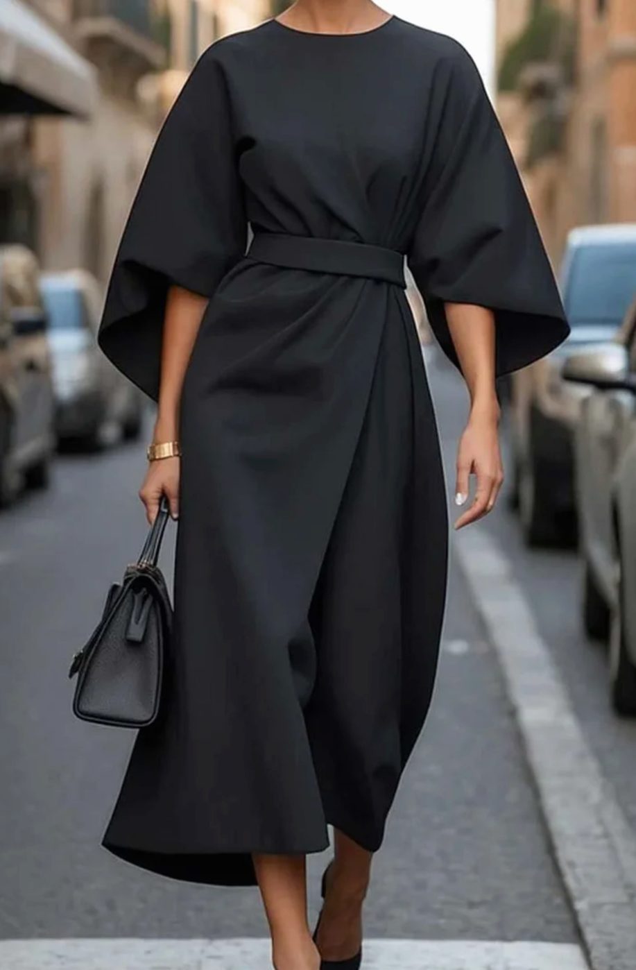 Greta | Robe midi élégante avec manches ballon et ceinture cintrée