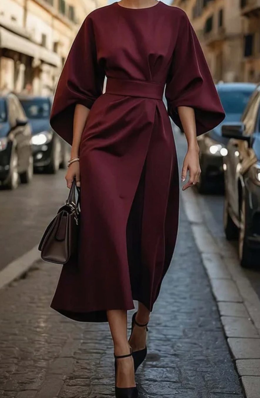 Greta | Robe midi élégante avec manches ballon et ceinture cintrée