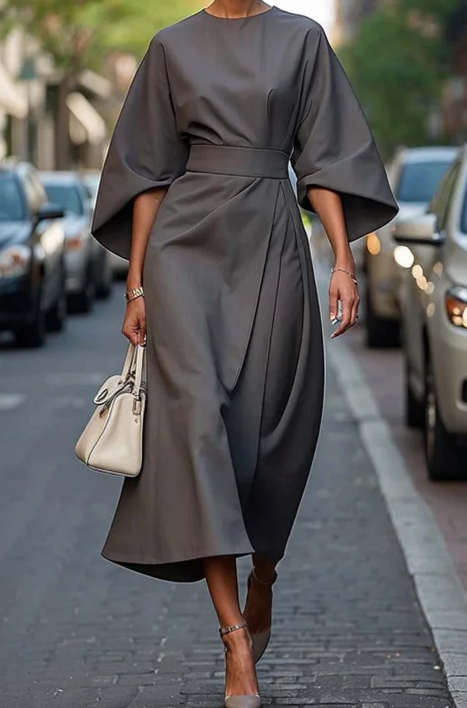 Greta | Robe midi élégante avec manches ballon et ceinture cintrée
