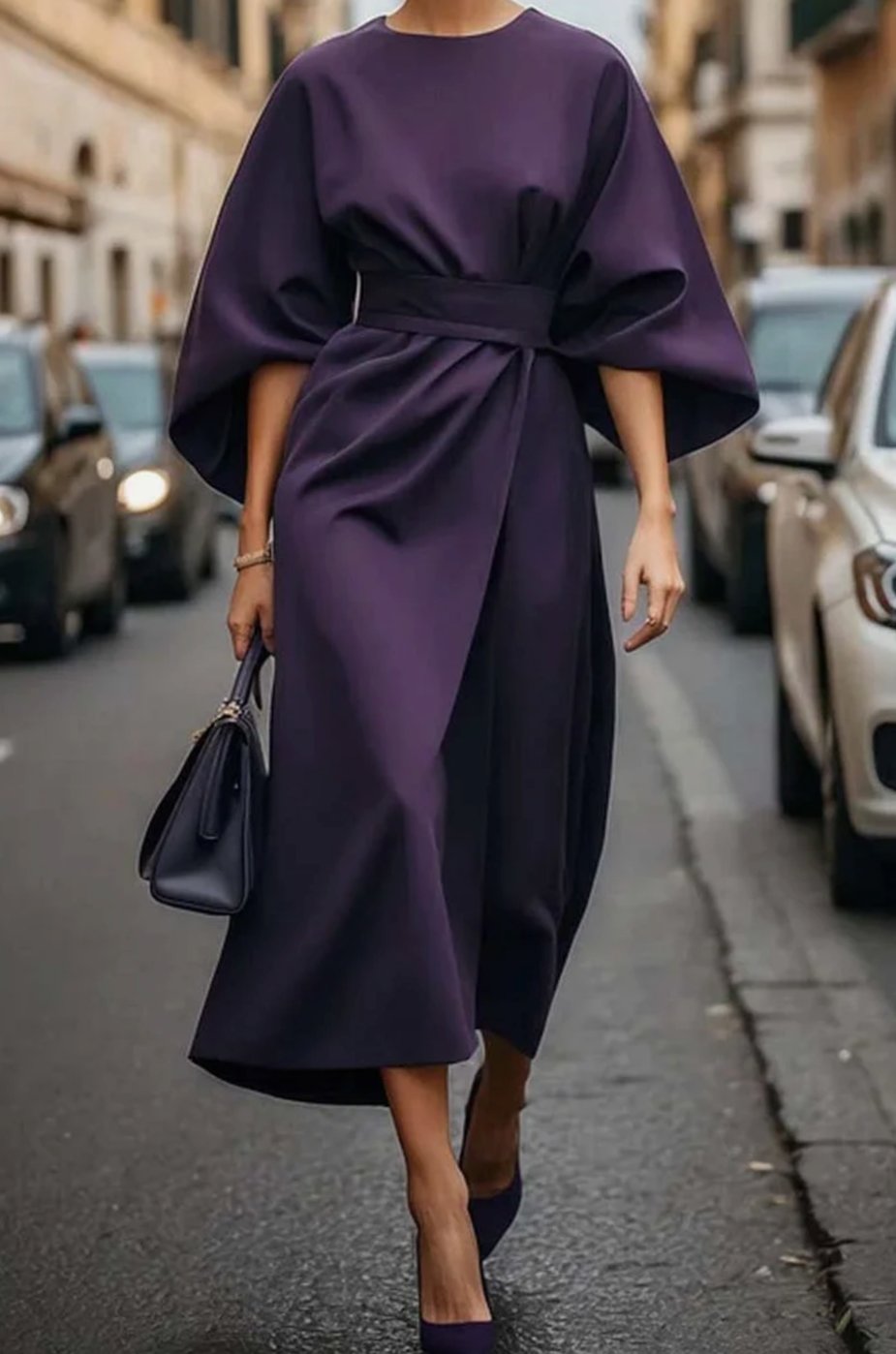 Greta | Robe midi élégante avec manches ballon et ceinture cintrée