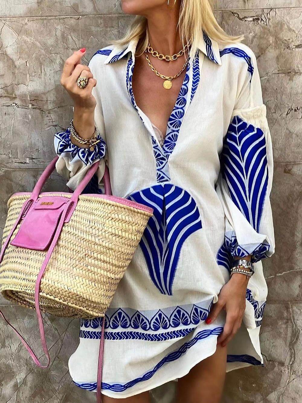 Elysia | Robe Mini Imprimée à Manches Longues et Col V pour Femmes
