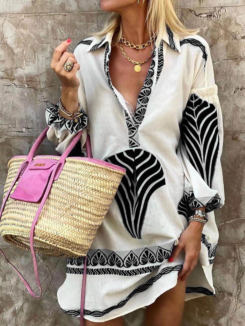Elysia | Robe Mini à Manches Longues Imprimée à Col V pour Femmes