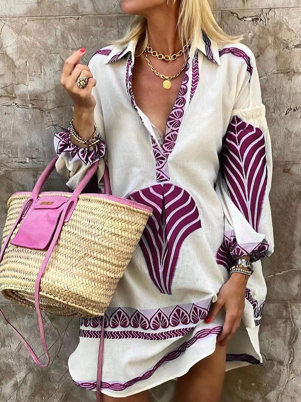 Elysia | Robe Mini Imprimée à Manches Longues et Col V pour Femmes