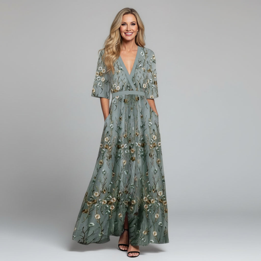 Robe Maxi V-Cou à Fleurs Brodées - Robe d'Été pour Vacances et Invités de Mariage
