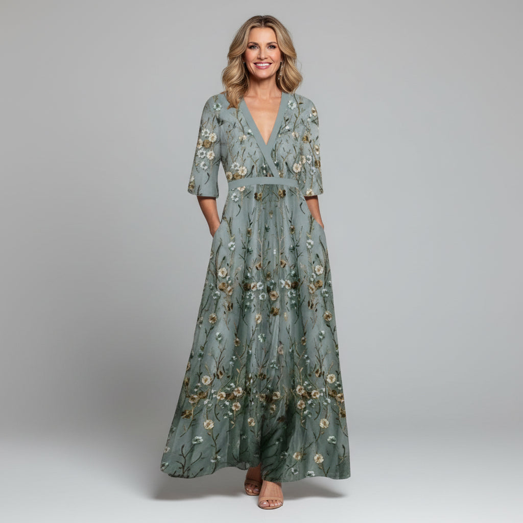 Robe Maxi V-Cou à Fleurs Brodées - Robe d'Été pour Vacances et Invités de Mariage
