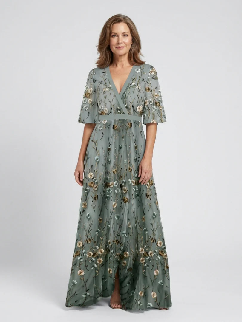 Robe Maxi V-Cou à Fleurs Brodées - Robe d'Été pour Vacances et Invités de Mariage