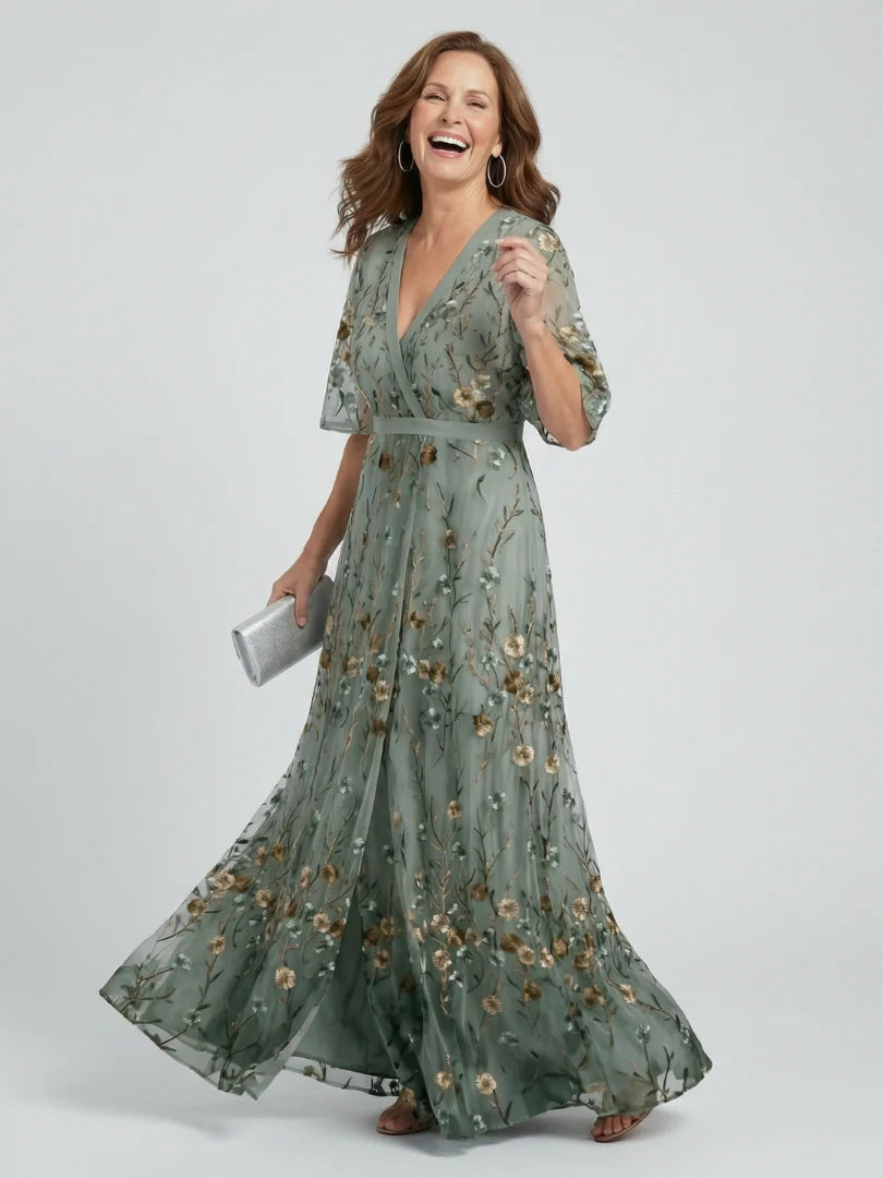 Robe Maxi V-Cou à Fleurs Brodées - Robe d'Été pour Vacances et Invités de Mariage