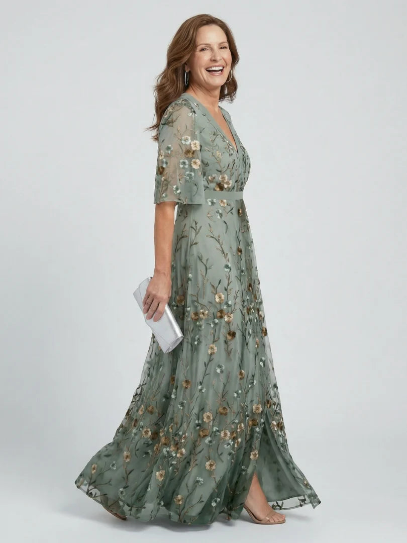 Robe Maxi V-Cou à Fleurs Brodées - Robe d'Été pour Vacances et Invités de Mariage