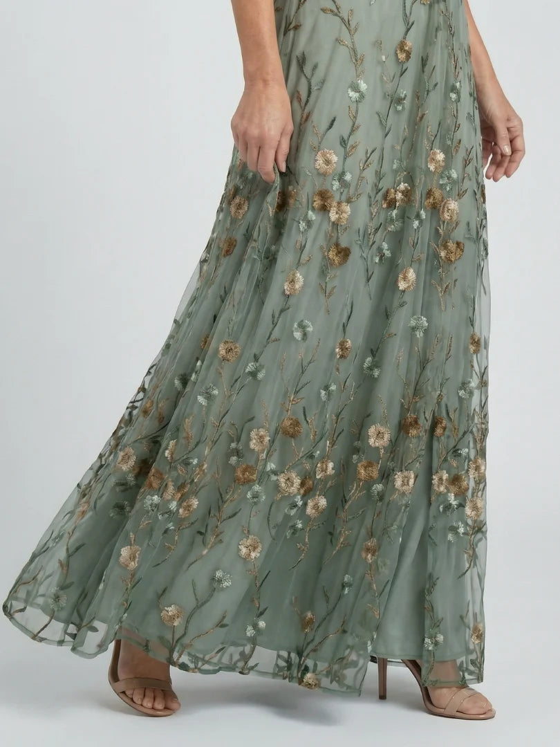 Robe Maxi V-Cou à Fleurs Brodées - Robe d'Été pour Vacances et Invités de Mariage