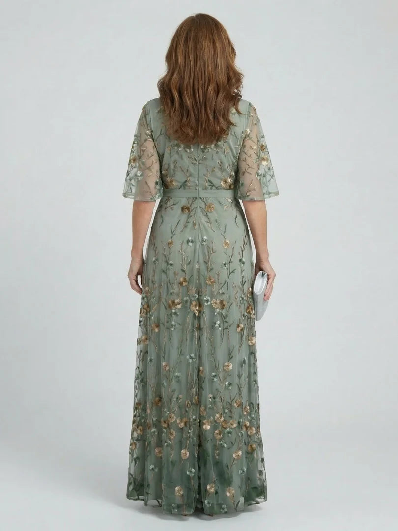 Robe Maxi V-Cou à Fleurs Brodées - Robe d'Été pour Vacances et Invités de Mariage
