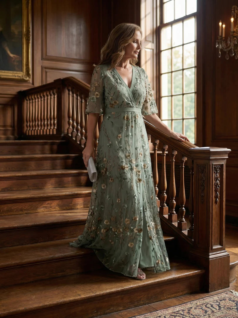 Robe Maxi V-Cou à Fleurs Brodées - Robe d'Été pour Vacances et Invités de Mariage