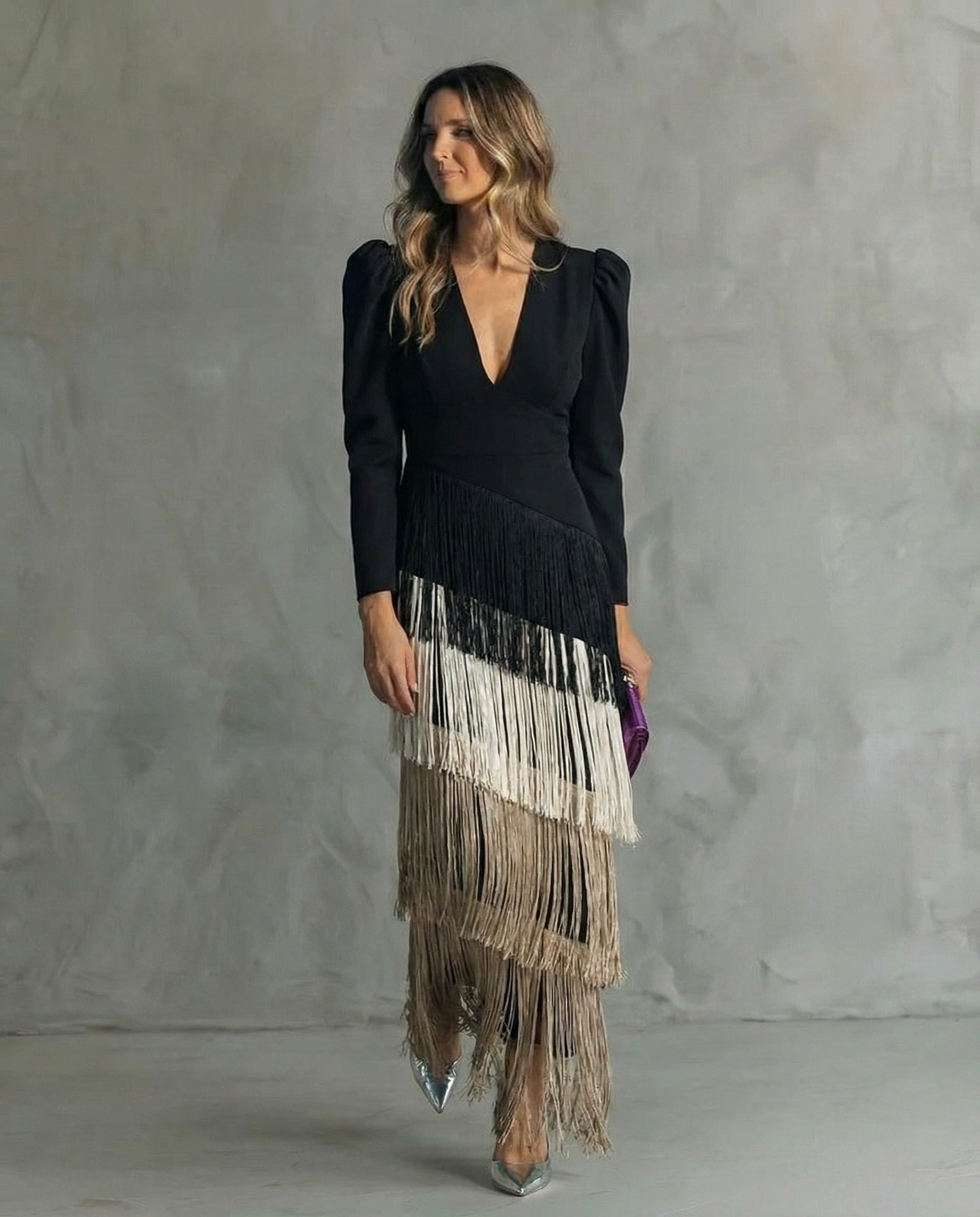 Esmeralda | Robe Maxi à Franges à Col V pour Femmes
