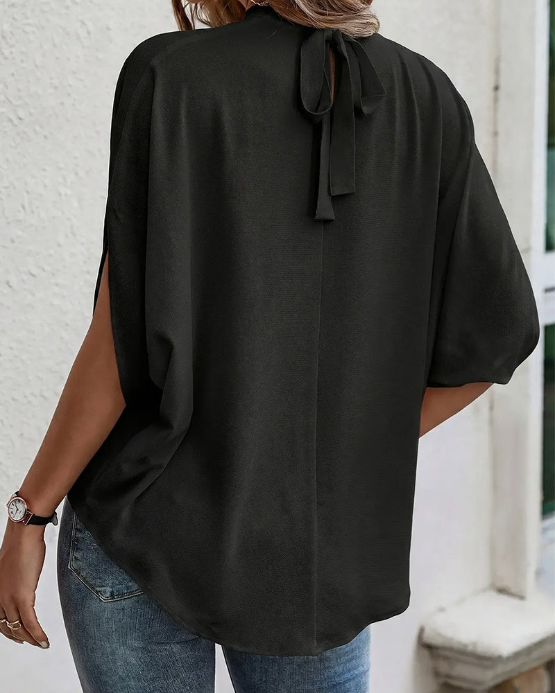 Blouse Col Mock Plissé Manche Trois Quarts Unie
