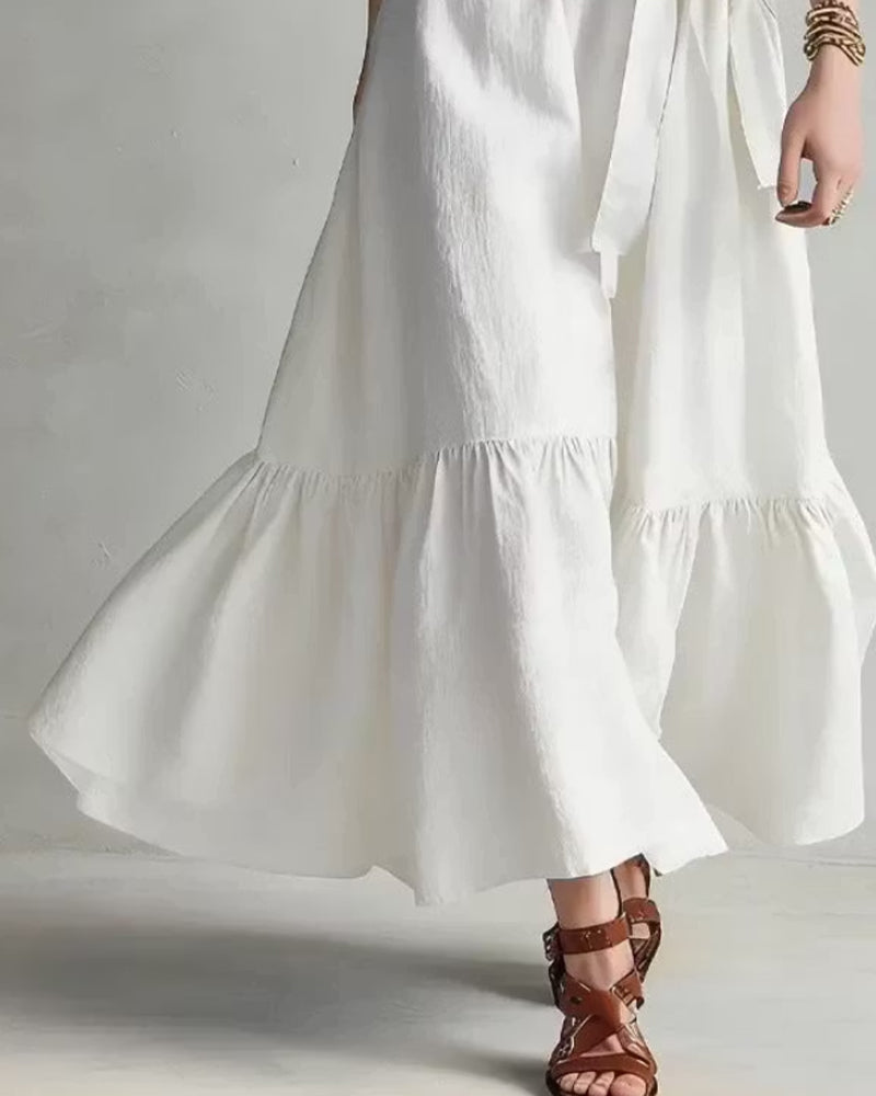Robe Col-V Sans-Manches Volantée Nœud-Devant