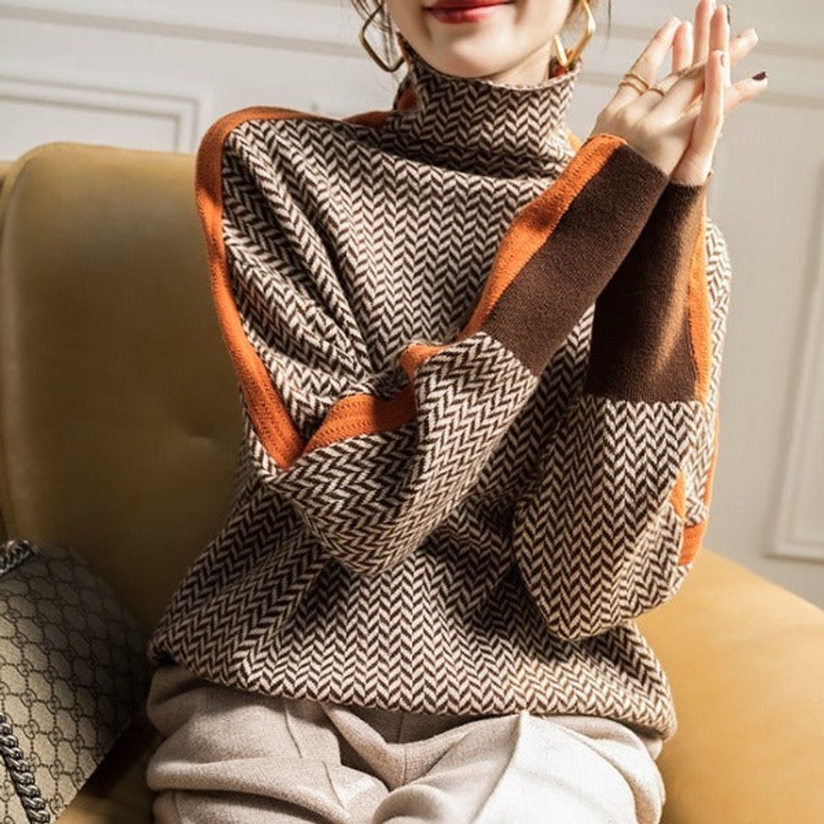 Emily | Pull Oversized à Col Roulé avec Motif Pied-de-Poule