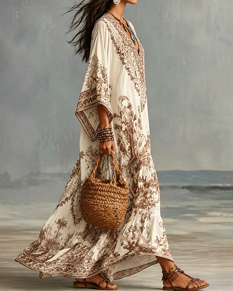 Robe Col En V Bohémienne Évasée Asymétrique