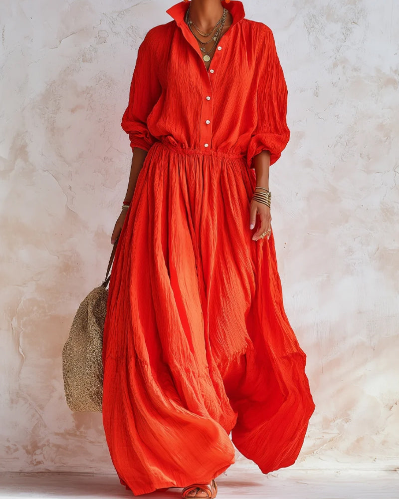 Robe Revers Taille Cintrée Chemise Évasée Longue