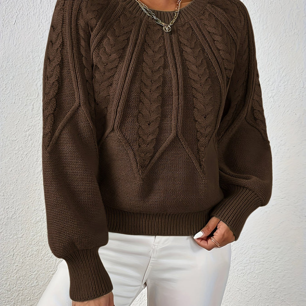 Pull en Tricot à Câbles pour Femme avec Col Rond et Manches Raglan