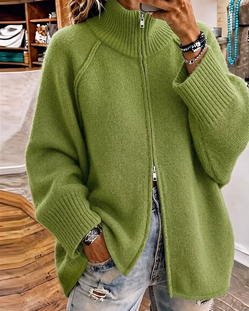 Cardigan uni avec col montant et fermeture éclair
