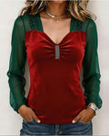 Blouse Slim-Fit à Encolure en V et Tissu Plissé Coloré