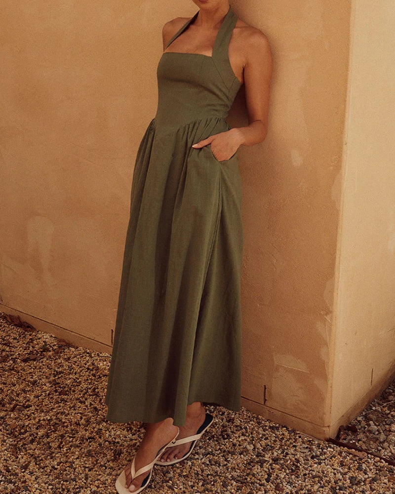 Robe Longue Dos Nu Avec Encolure Dos Nu Et Poches Latérales Pour Femmes | Idéal Pour Été Et Sorties En Extérieur