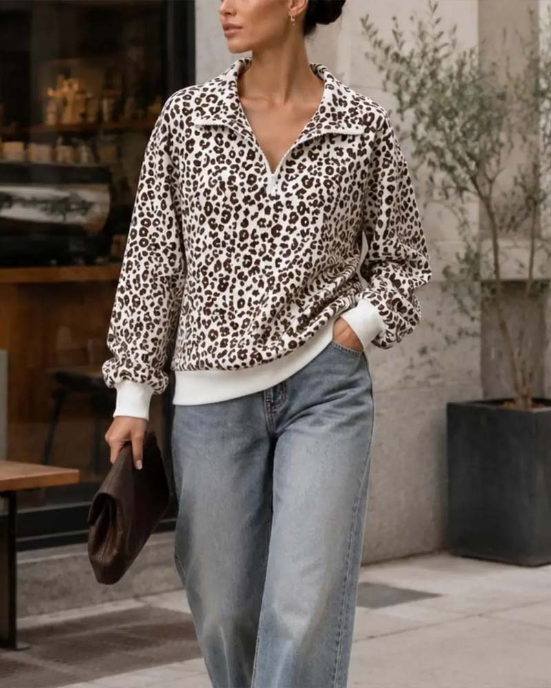 Sweatshirt Fermeture Éclair Léopard Décontracté