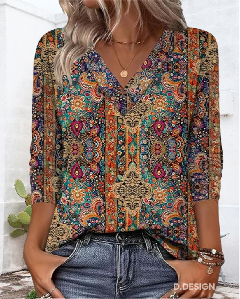 Blouse imprimée à col en V inspirée du vintage