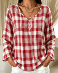 Blouse Élégante Col En V À Carreaux Manche Coude