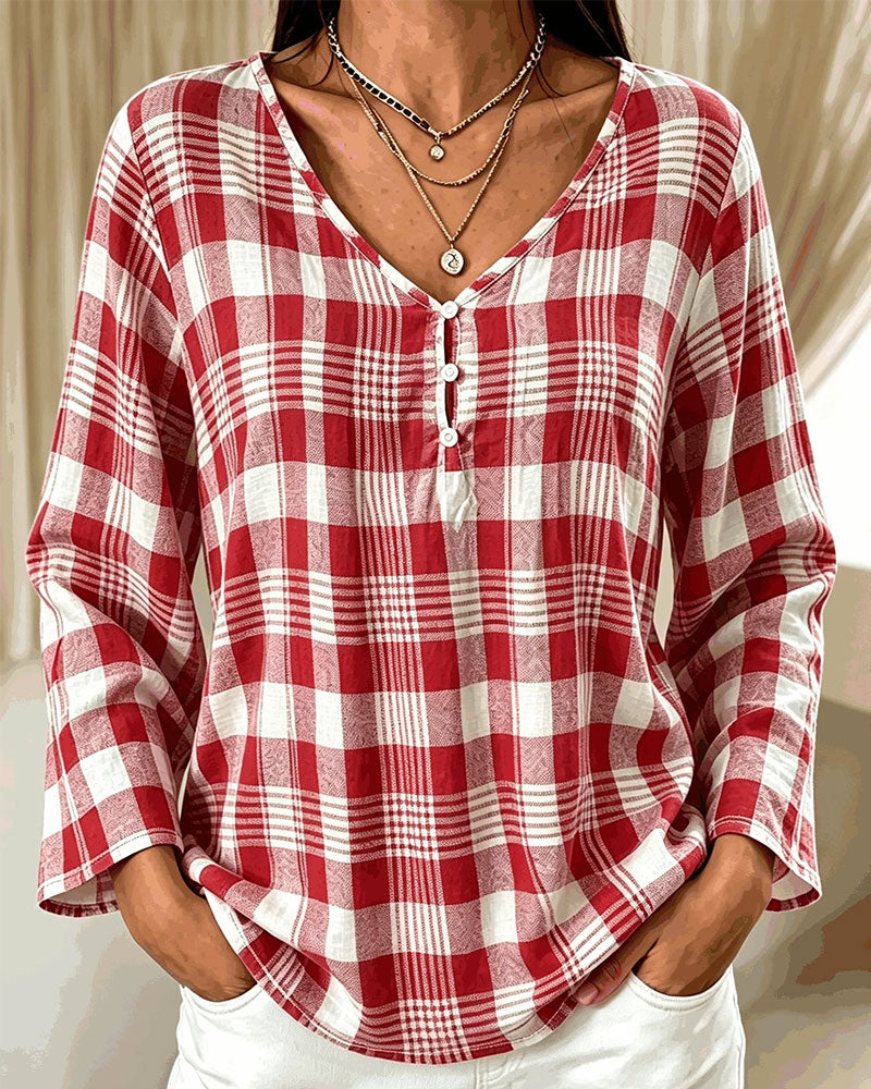 Blouse Élégante Col En V À Carreaux Manche Coude