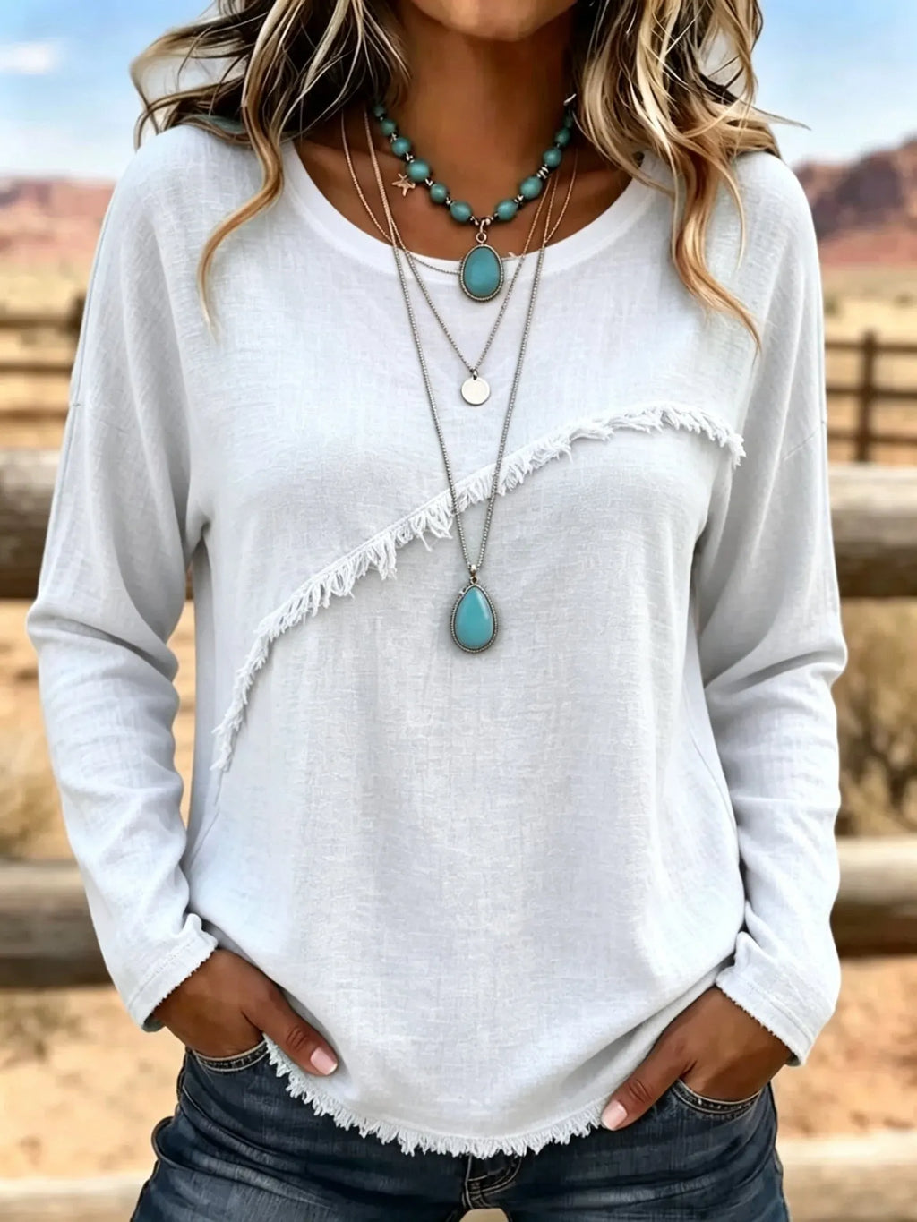 Blouse femme bohème à franges et col rond