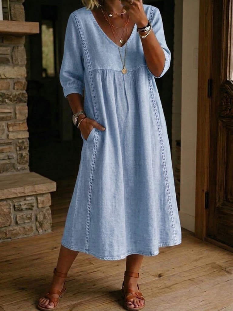 Robe femme coton-lin avec dentelle et col V