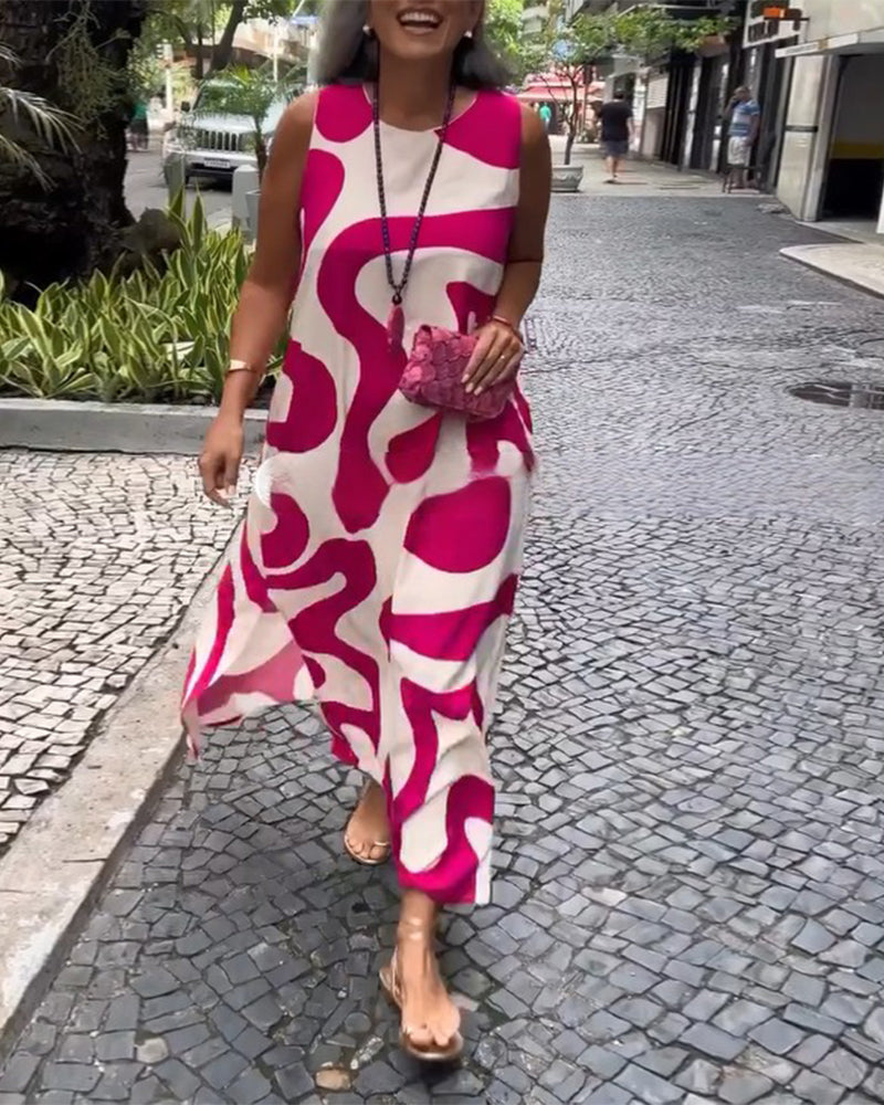 Robe sans manches à imprimé géométrique col rond